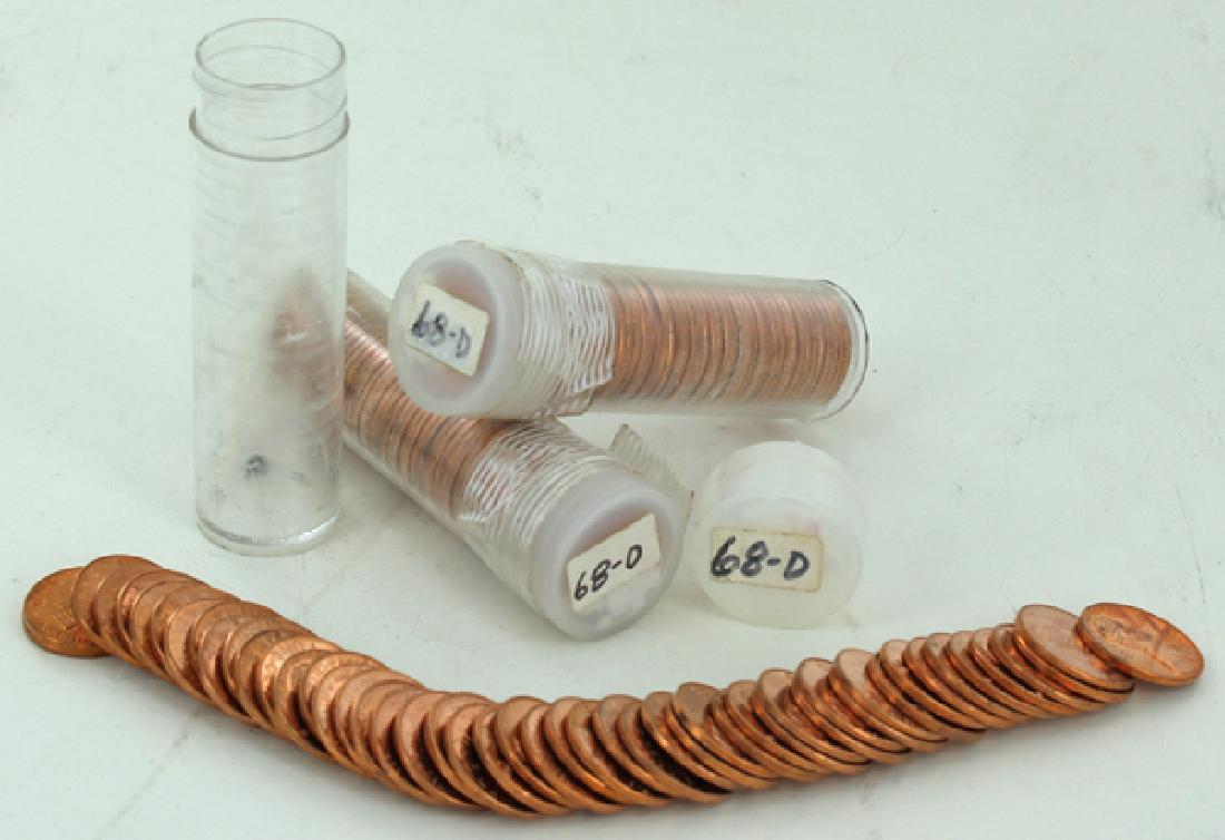 1968D Unsearched Estate Hoard BU Abe 1c 3 Rolls 50pc: 3 Unsearched estate Rolls of 50 BU with multiple hi-grade GEM potential; just one GEM + = thousands in book value