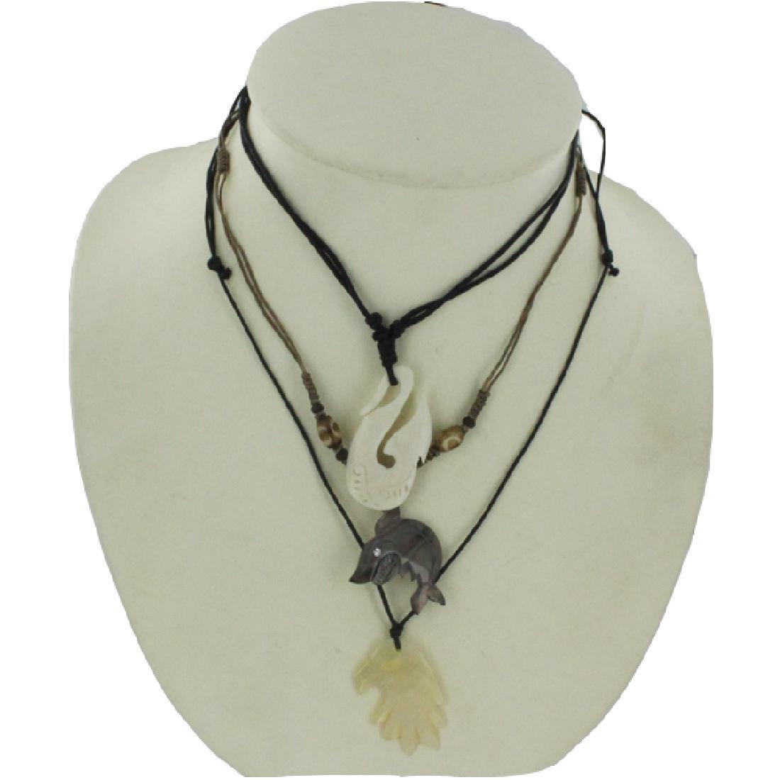 3 New Handcarved Bone & Shell Necklace Choker Pendants: Handcrafted set of 3