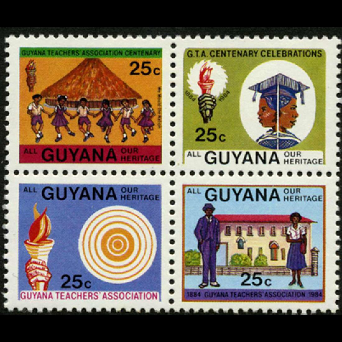 1984 Guyana 25c MINT NH 4 Variety Block: Nice commerative