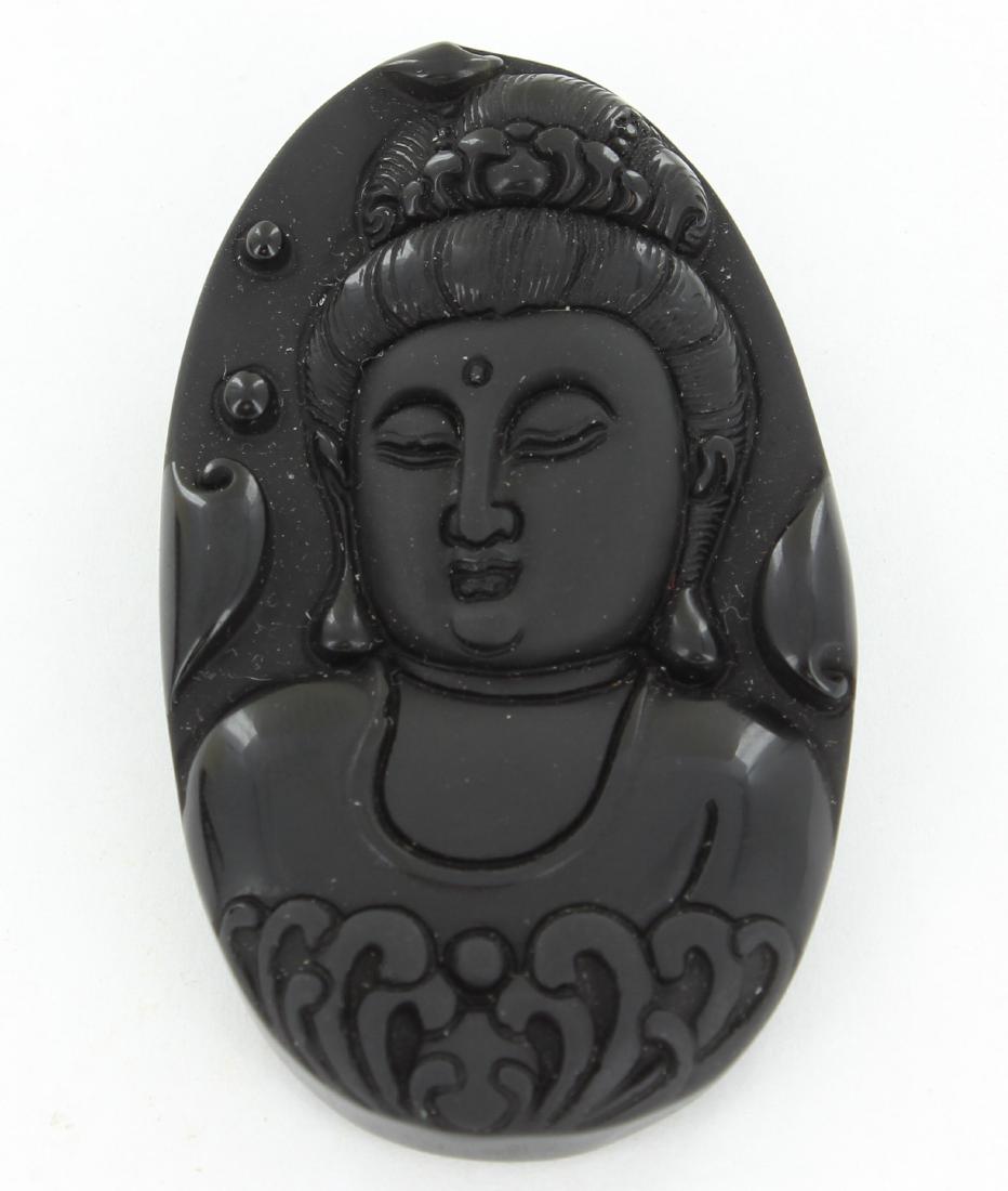 Finely Carved Black Obsidian Kwan Yin Pendant: Excellent handcarved piece