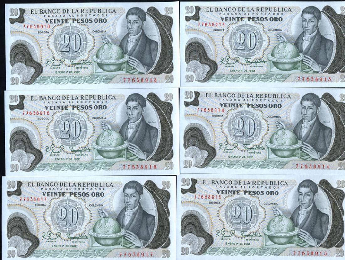1982 Colombia 20P Crisp Unc Note 10pcs Scarce: Scarce high grade issue; includes one or more scarce sequential serial number runs