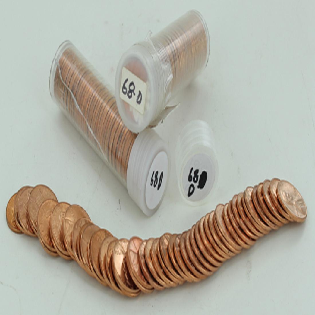 1968D Unsearched Estate Hoard BU Abe 1c 3 Rolls 50pc: 3 Unsearched estate Rolls of 50 BU with multiple hi-grade GEM potential; just one GEM + = thousands in book value