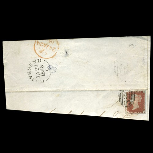 1841 British 1p Red Victoria Stamp Hi Grade Cover: Rare hi grade piece; excellent number & bars cancellation with receiving post office date stamp; well-centered; Gibbons 8; £250BV