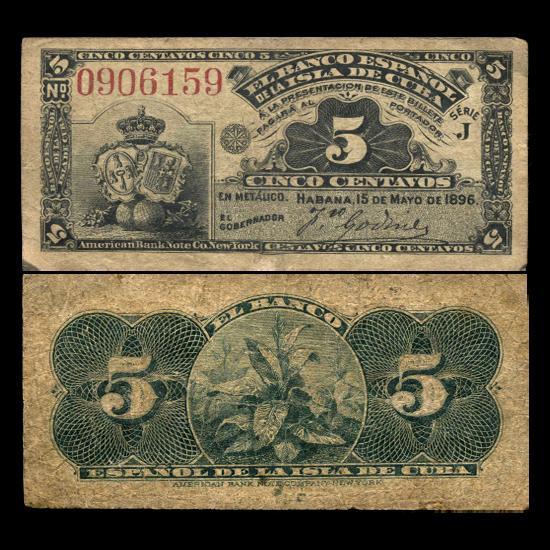 1896 Cuba 5 Centavos Hi Grade Note: Scarce 1800s circulated note