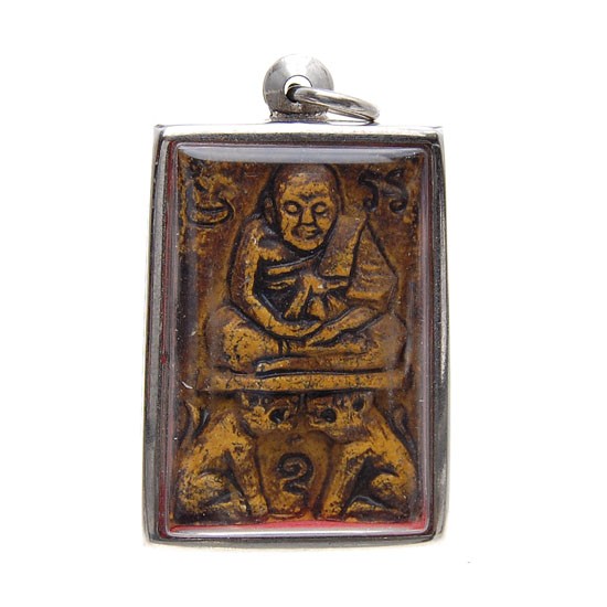 Antique Clay Buddha Amulet: Excellent antique Thai style Buddha piece in stainless protective pendant case; 2"