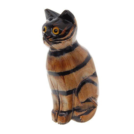 RARE Water Buffalo Horn Scrimshaw Cat: Excellent piece; finely carved Thai WATERBUFFSCRIM cat image on rare water buffalo horn; 3.5"
