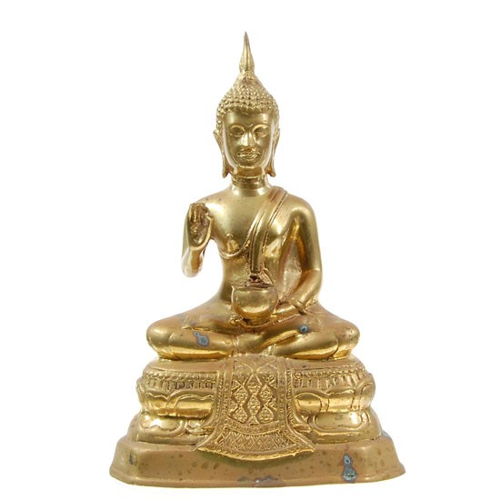 Antique Bronze Buddha With Offering Bowl: Antique original gilded bronze Thai temple piece; 9.5"
