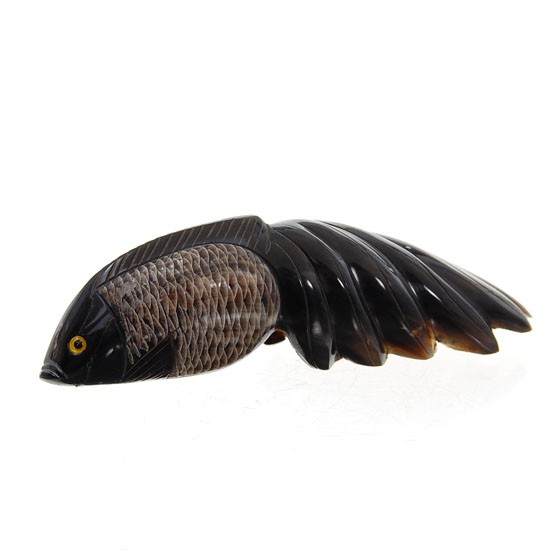 White Water Buffalo Horn Scrimshaw Koi RARE: Excellent piece; finely carved Thai WATERBUFFSCRIM in koi image on RARE water buffalo horn; 6";
