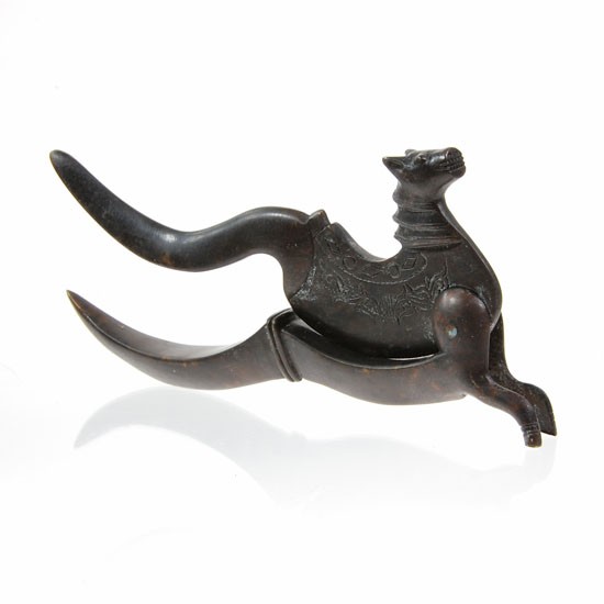 Antique Thai Bronze Seed Cracker: Excellent antique piece; used to crack seeds for chewing; Singh image; 7"