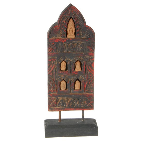 Teak Buddhist Votive Tablet w/ Inset Clay Amulets: Excellent Hand Carved; In Black; 17"; Inset Clay Amulets