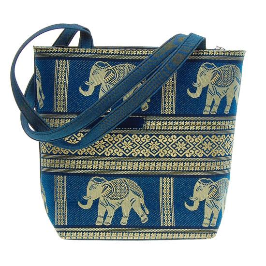 Thai Silk Hand Crafted Elephant Handbag: Excellent hand crafted piece using heavy Thai silk; zippered main compartment with smaller zippered compartment inside; cell compartment outside; 21" with strap; kee chain witn small zippered compartm
