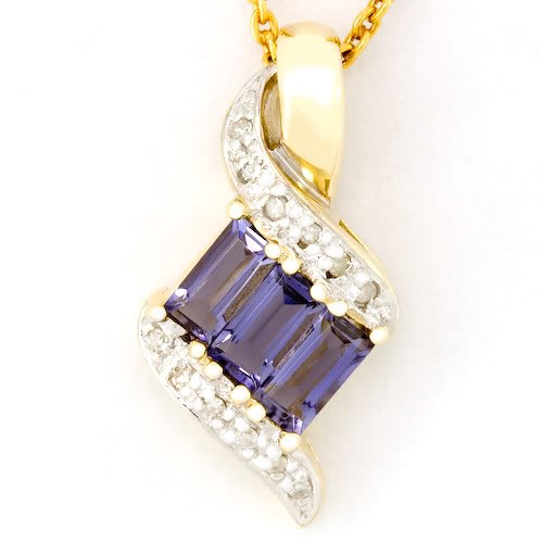0.93Ct Natural Iolite 12 Diamond 9K Gold Pendant: Excellent well-made NEW piece