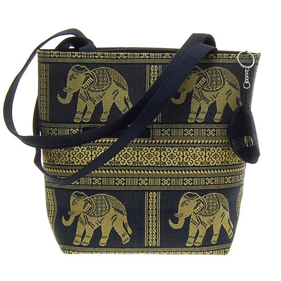 Thai Silk Hand Crafted Elephant Handbag: Excellent hand crafted piece using heavy Thai silk; zippered main compartment with small zippered compartment inside; cell compartment outside; 21" with strap; key chain witn small zippered compartmen