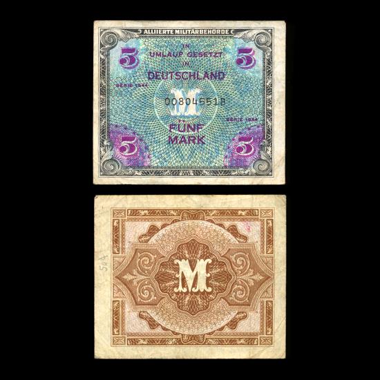 1944 Germany WW2 Allied 5 Mark RARE Hi Grade: Rare WW2 high grade; $10 BV