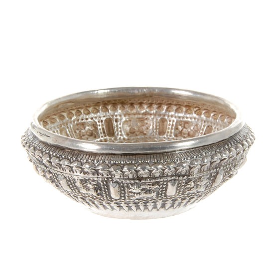 Antique Coin Silver Hand Hammered Bowl: Excellent antique northern Thailand hand hammered coinsilver piece; 80 grams; 4.5"