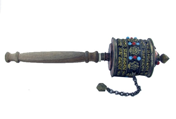 Tibet Lg. Bronze Prayer Wheel with Handle: Excellent vintage piece with handle prayer scroll remaining inside, Buddhist Monks spin these while chanting during temple prayer, semi-precious stones, 11"