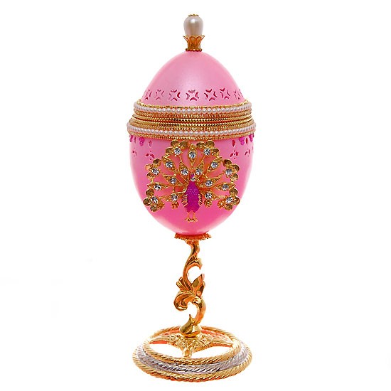 Ornate Gilded Decorated Goose Egg Jewelry Display: Excellent museum quality Faberge style; ornately hand-decorated with crystal; 24k gold plated adornments; silk lined; 6.5";