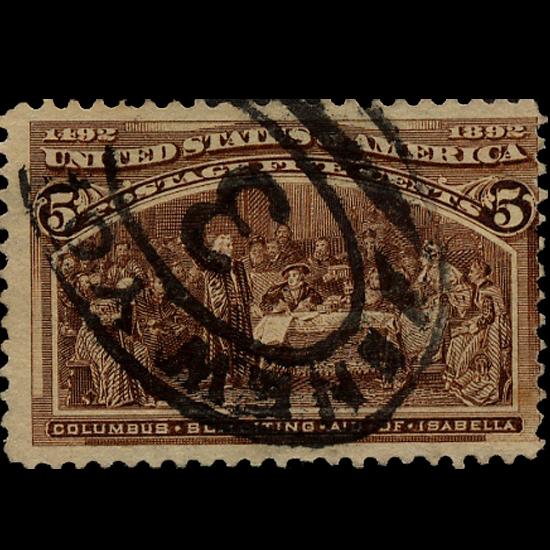 1892 US Colombian Exposition 5c Used Stamp: Excellent with light cancel and no hidden faults