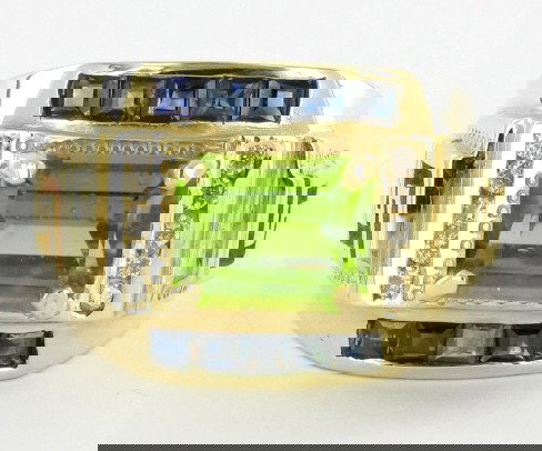 4ct Mens Top Peridot Sapphire Diamond 14k Ring: Fabulous new piece with 3.5ct VVS Pakistan Peridot 10 hi grade diamonds and 10 square cut blue sapphires; 14 gold 12 gram total weight; ; nearly 1/4 ounce gold alone!!!