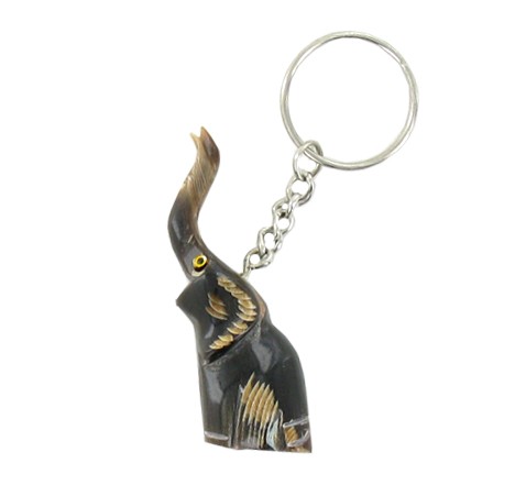 Water Buffalo Horn Scrimshaw Elephant Keychain: Excellent piece; finely carved in rhino image on water buffalo horn; 2"
