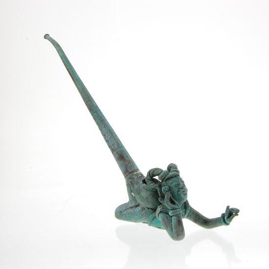 Antique Bronze Jester Thai Ritual Pipe: Excellent original piece; 10"