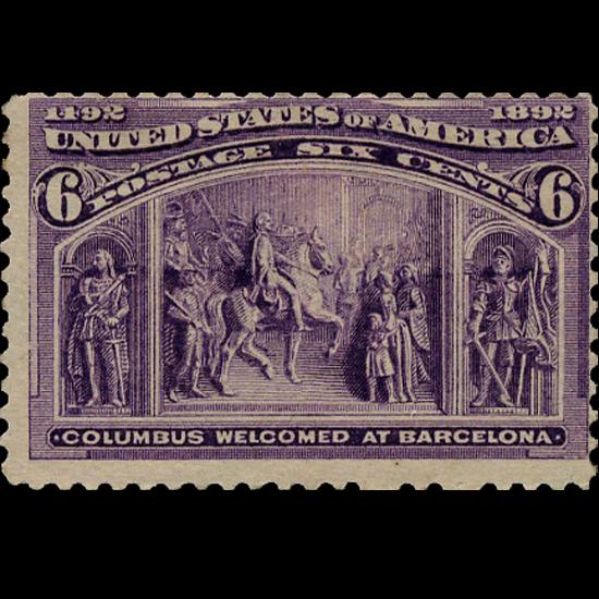 1892 US Colombian Exposition 6c Mint Stamp: Excellent mint hinged with no hidden faults; Scott $65