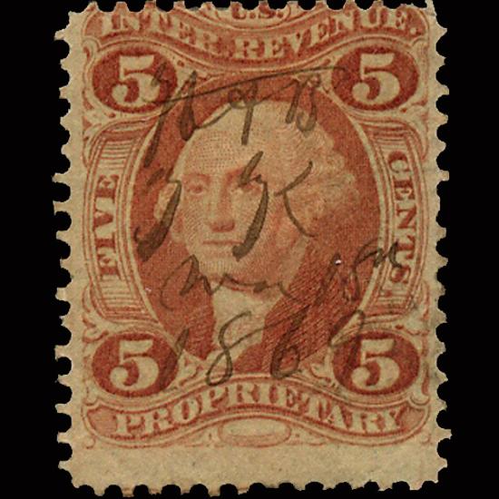 1860s US Revenue Stamp 5c Proprietary w/ GUM: Excellent RARE WITH GUM; light cancel and no hidden faults; Scott $25+premium