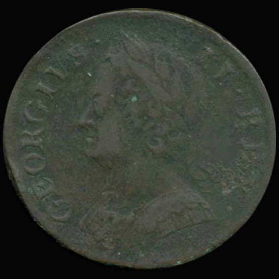 1753 US British Colonial George II Half Penny: Excellent XF; Spink $450