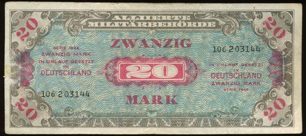 1944 Germany WW2 Allied 20 Mark RARE Hi Grade: Rare WW2 high grade AU; $75 BV