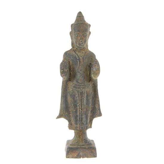 Antique Thai Stop Evil Bronze Buddha: Excellent mid 1800s bronze, fabulous patina, evidence of prior gilding, museum quality, exhibits stop evil hand positions, 8.5"