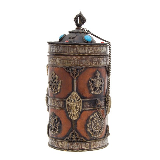 Tibet Brass Scroll Tube: Excellent vintage large wide piece adorned with semi-precious stones, Buddhist Monks use to hold prayer scrolls, 8.5"