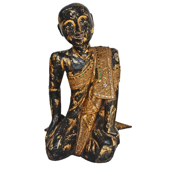 Large Gilded Buddhist Wood Monk Handcarved: Hand-carved heavily gilded piece; rare Monkey Pod wood; 20"