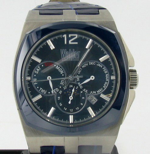 New Wohler Mens CHRONO Style Watch: Brand New Wohler men's stylish sport CHRONOGRAPH style watch in excellent new condition with date, 24-hour, weekday and month dials; stainless case with blue ceramic bezel and matching leather band; b