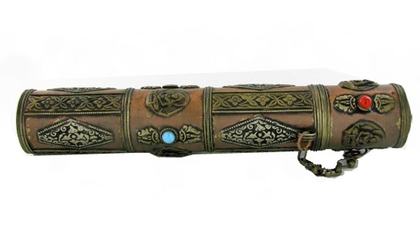 Tibet Brass Scroll Tube Semi Precious Stones: Excellent vintage piece adorned with semi-precious stones, Buddhist Monks use to hold prayer scrolls, 9.5"
