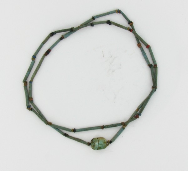 Rare Ancient Egypt Colored Bead Necklace 2600Y/O: Rare intact Egyptian colored bead necklace in excellent condition; found intact in Sinai; restrung; approximately 600BC; 32"
