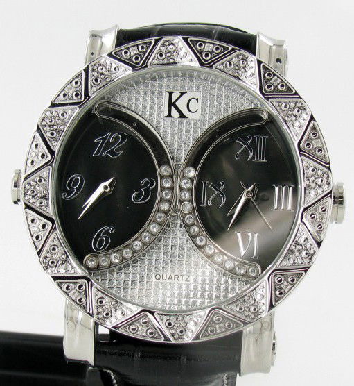 New Techno Com Diamond Bezel Mens Dual Watch: Brand Techno Com men's stylish sport style watch with diamonds mounted in bezel and 2 time reading faces; excellent new condition with stainless case and 3 leather bands; box and papers; retail $2545
