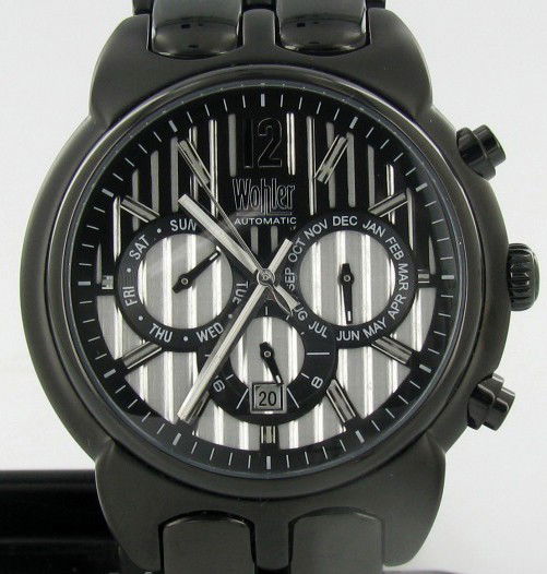 New Wohler Mens CHRONO Style Watch: Brand New Wohler men's stylish sport CHRONOGRAPH style watch in excellent new condition with date, 24-hour, weekday and month dials; stainless black IP case and band; box and papers; retail $2295