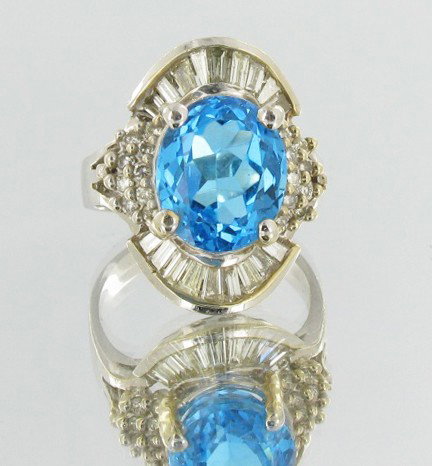 7ct Ladies Colombian Emerald Diamond 14k Ring: Fabulous new piece heavy with large blue Topaz & over 1 carat of diamonds diamonds; 14k white gold 8 gram total weight
