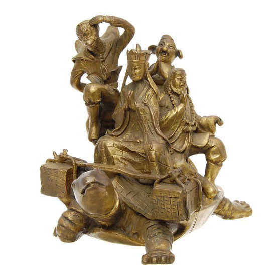 Heavy Brass Vintage Tibet Henjia Statue: Excellent well cast bronze; Henjia, Monk, wise man and Teboigai on their quest for the book of Buddha riding a turtle taxi; 7" 5lbs