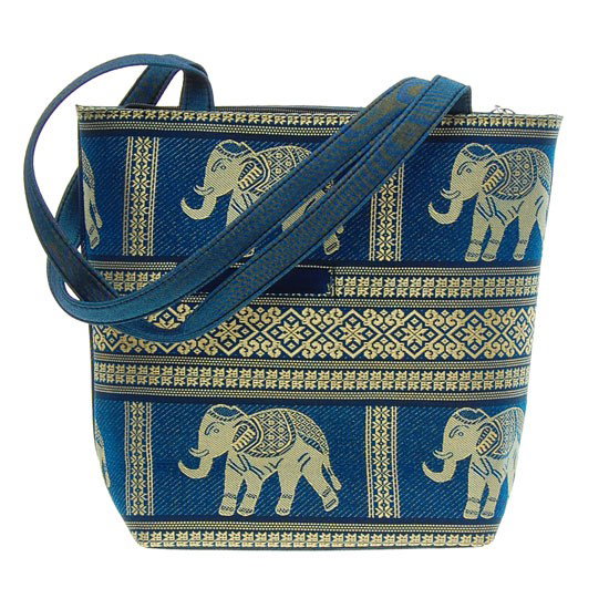Thai Silk Hand Crafted Elephant Handbag: Excellent hand crafted piece using heavy Thai silk; zippered main compartment with smaller zippered compartment inside; cell compartment outside; 21" with strap; kee chain witn small zippered compartm