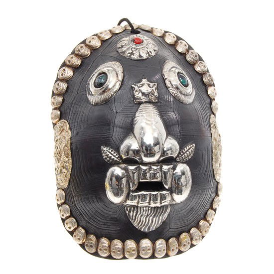 Tibetan Ritual Turtle Shell Large Mask: Nickel Features, rare large size, 9"