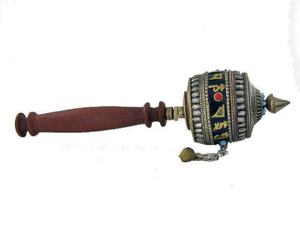 Tibet Bronze Prayer Wheel with Handle: Excellent vintage piece with handle prayer scroll remaining inside, Buddhist Monks spin these while chanting during temple prayer, semi-precious stones, 10"
