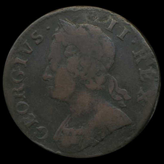 1749 US Colonial British Geo II 1/2p VF details: Scarce 300 year old VF details slightly bent; SPINK $60