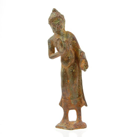 Antique Very Old 1800 Thai Standing Buddha: Rare excellent very old bronze standing piece with double hand positions; 7"