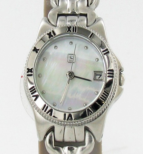 New SII Seiko Ladies MOP Chrono Style Watch: Brand ladies's stylish sport style MOP face style watch in excellent new condition with date dial; stainless case and band; box; retail $895