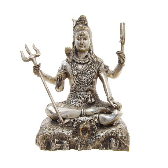 Vintage Shiva Bronze Nickel Statue: Well cast nickel plated Hindu piece; four-armed Shiva holding axe and spear; 8"