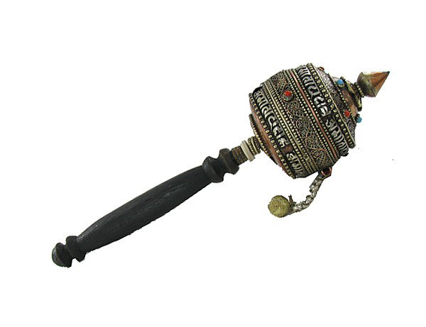 Tibet Bronze Prayer Wheel with Handle: Excellent vintage piece with handle prayer scroll remaining inside, Buddhist Monks spin these while chanting during temple prayer, semi-precious stones, 10"