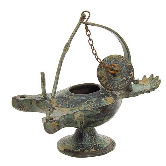 Very Ancient Islamic Bronze Oil Lamp 500y/o: Rare intact Islamic bronze (usually these are clay) oil lamp; very rare double spoutexcellent patina; found intact in Syria; 6"; approximately 1500 AD