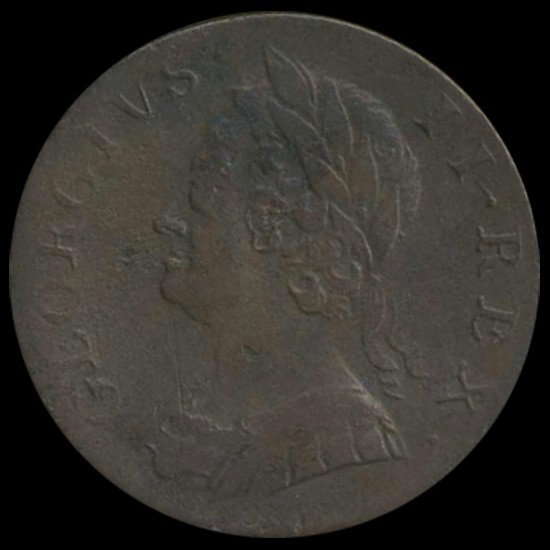 1749 US Colonial British Geo II 1/2p XF details: Scarce 300 year old XF details with porosity; SPINK $400