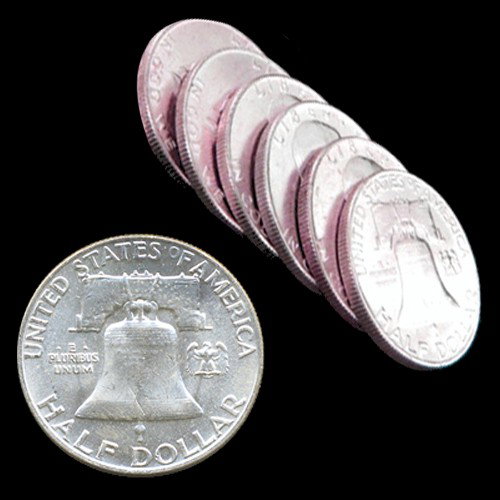 1950P/D FBL Franklin 50c Silver AU58-MS60 6pc Rol: Part roll from huge BU silver hoard; rolls graded against PCGS/NGC grading set we have; 5 PCS ARE FBL; PCGS total $120; recent Heritage Auction sales single pieces total $90 OUR START IS WELL BELOW - 
